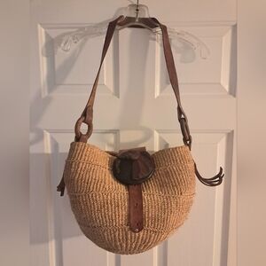 Kenyan African Brown Leather and Jute Straw Tote Crossbody Purse Bag